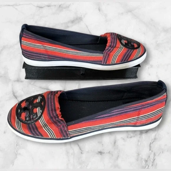Tory Burch Raymond Canvas Flats Black Patent Logo Slip Ons Red White Blue Size 8 - Picture 8 of 13